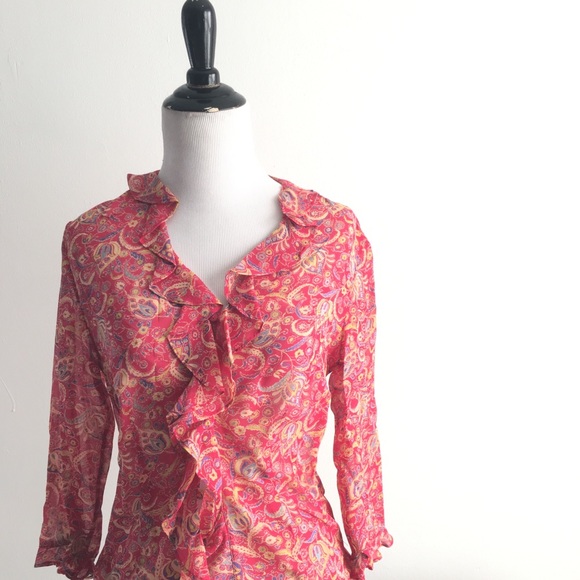 VTG Express red paisley silk chiffon 3/4 sleeves - Picture 1 of 7